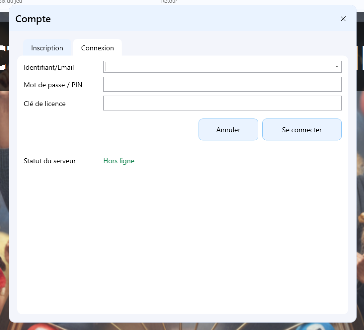 fenêtre connexion utilisateur